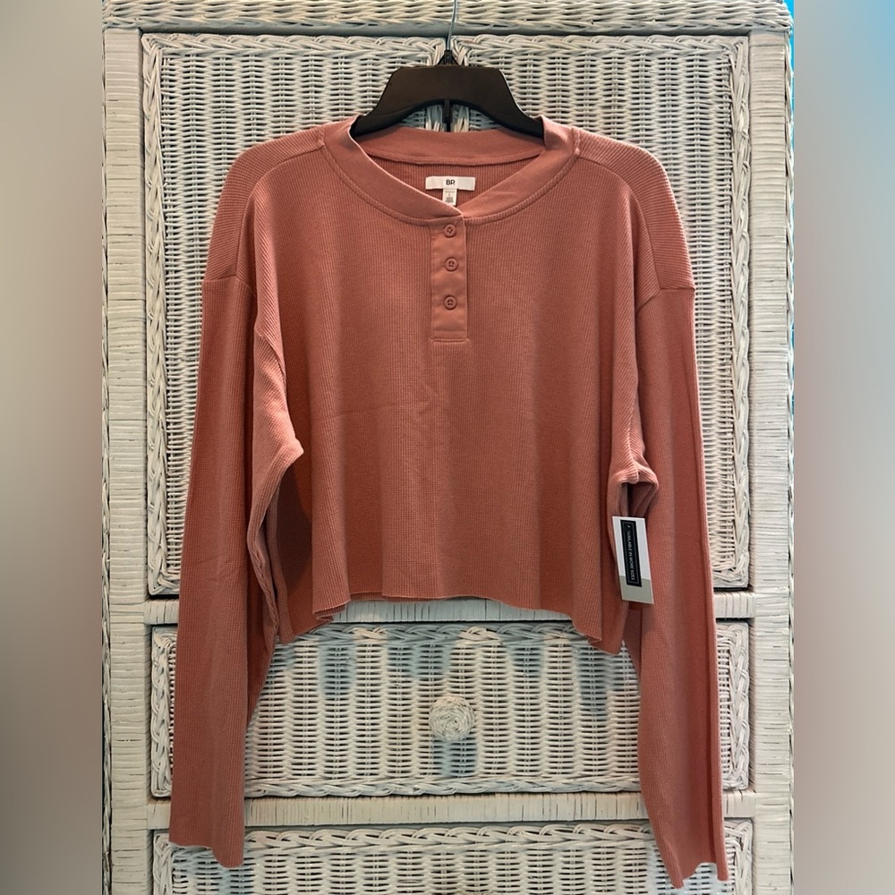 NWT BP Cropped Henley Waffle Knit Top Pink- Salmon Dawn Long Sleeve| Size L |BB4